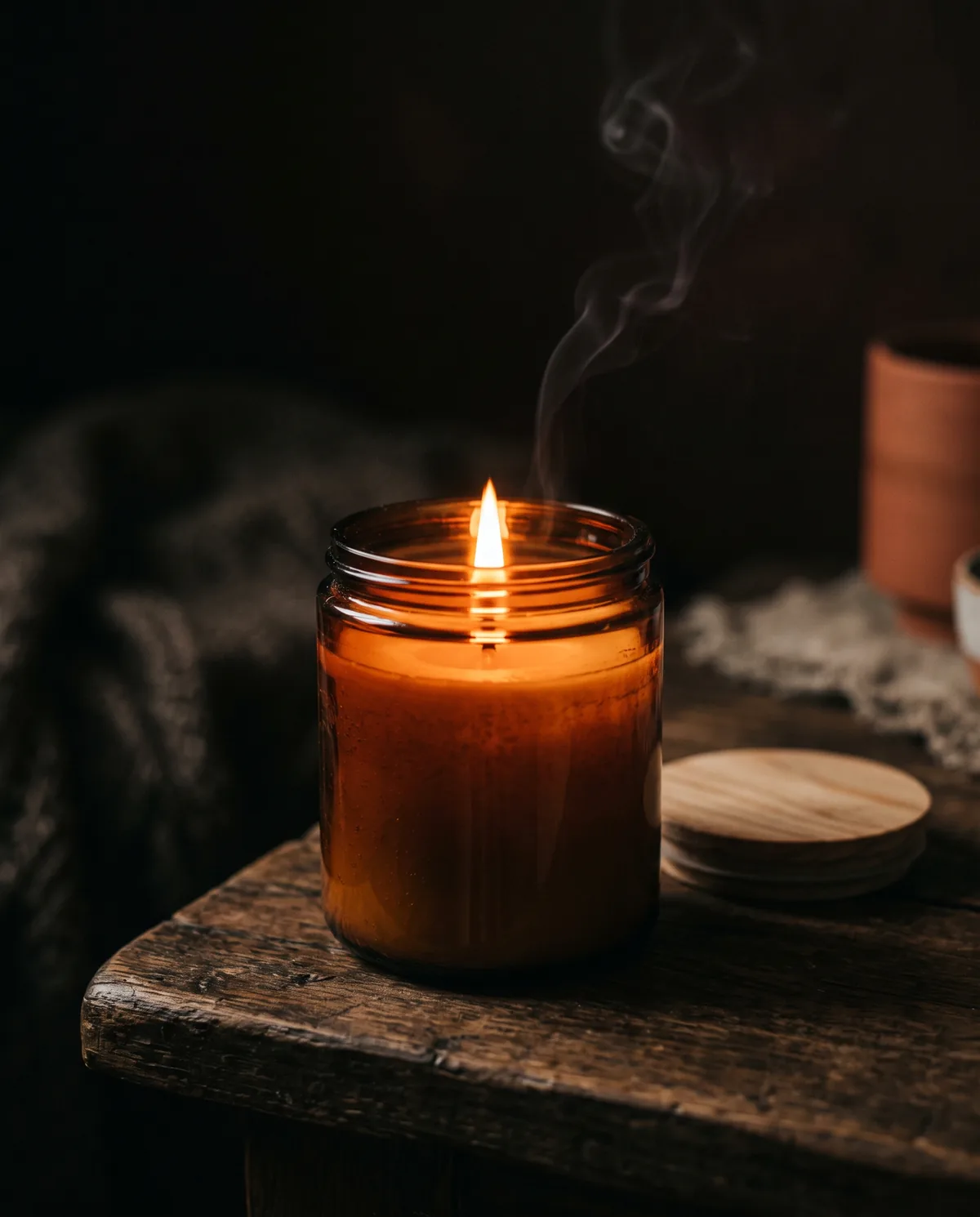 A lit hand-poured soy candle in an amber glass jar glowing warmly in soft darkness