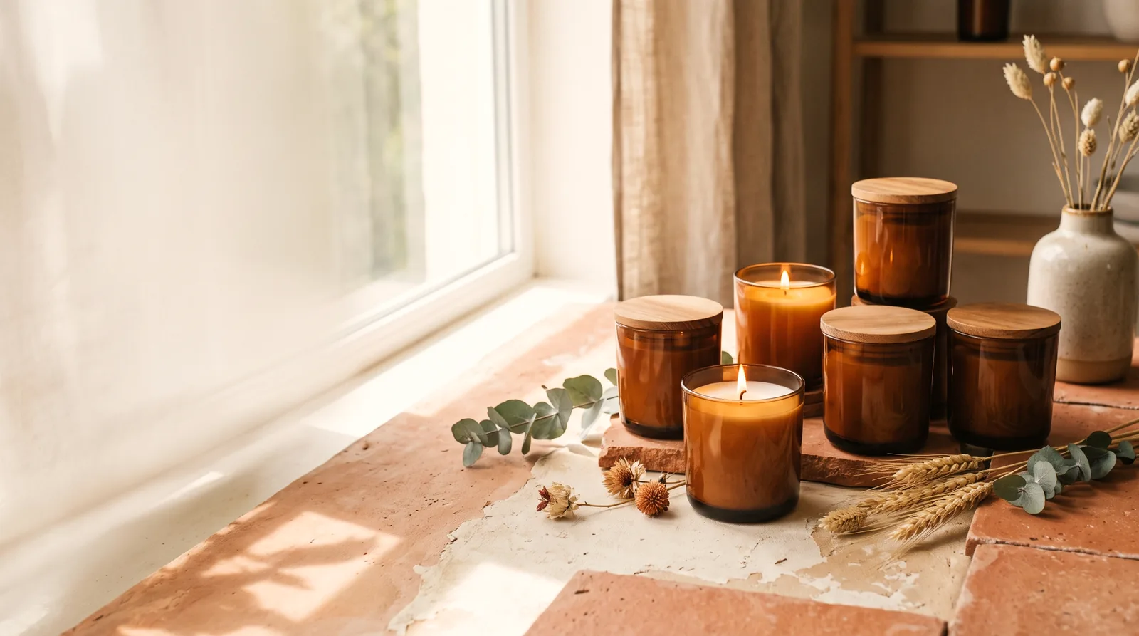 A cluster of hand-poured soy candles in amber glass jars with wooden lids, two of them lit, on a warm terracotta windowsill in soft daylight